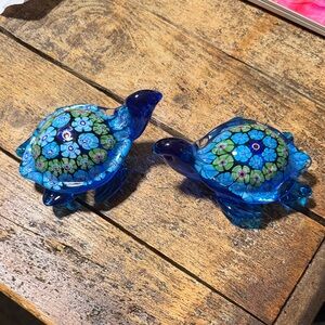 Hand Blown Murano Style Set of 2  Art Glass Turtle Paperweights